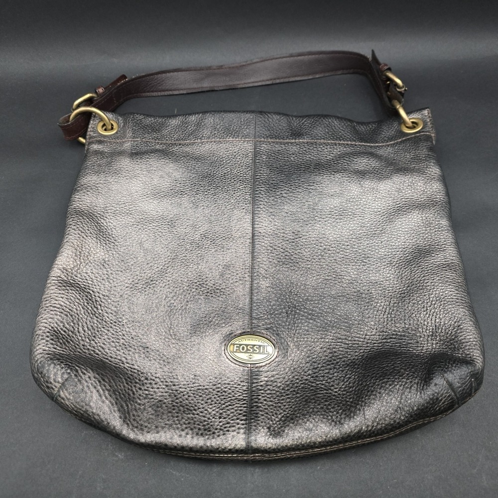 FOSSIL MADDOX Shoulder HOBO Purse Handbag Metallic Black Silver PEBBLE LEATHER